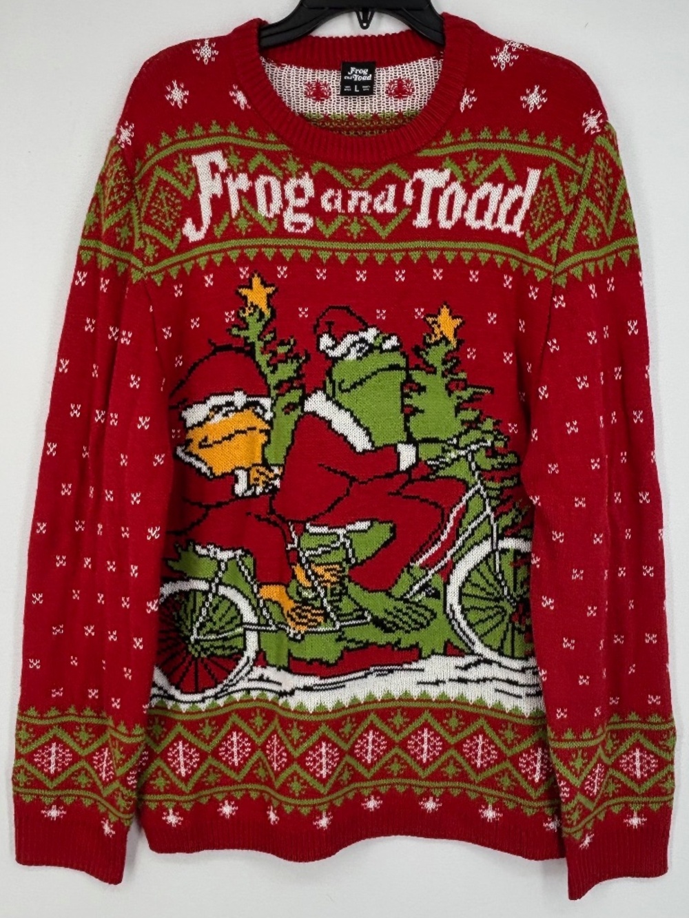 Frog and Toad Mens Adult Large Ugly Christmas Sweater Red Green Long Sleeves